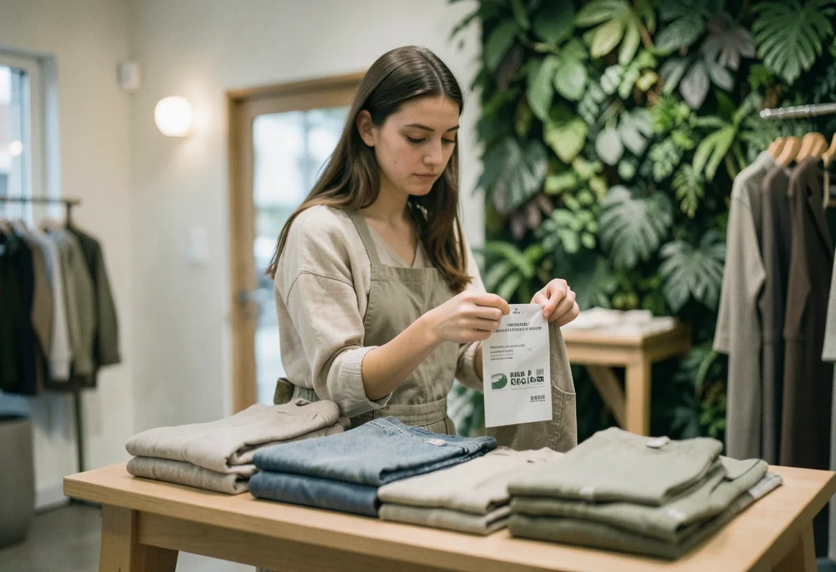 Young woman examining garment label in bright store, sustainability in fashion.