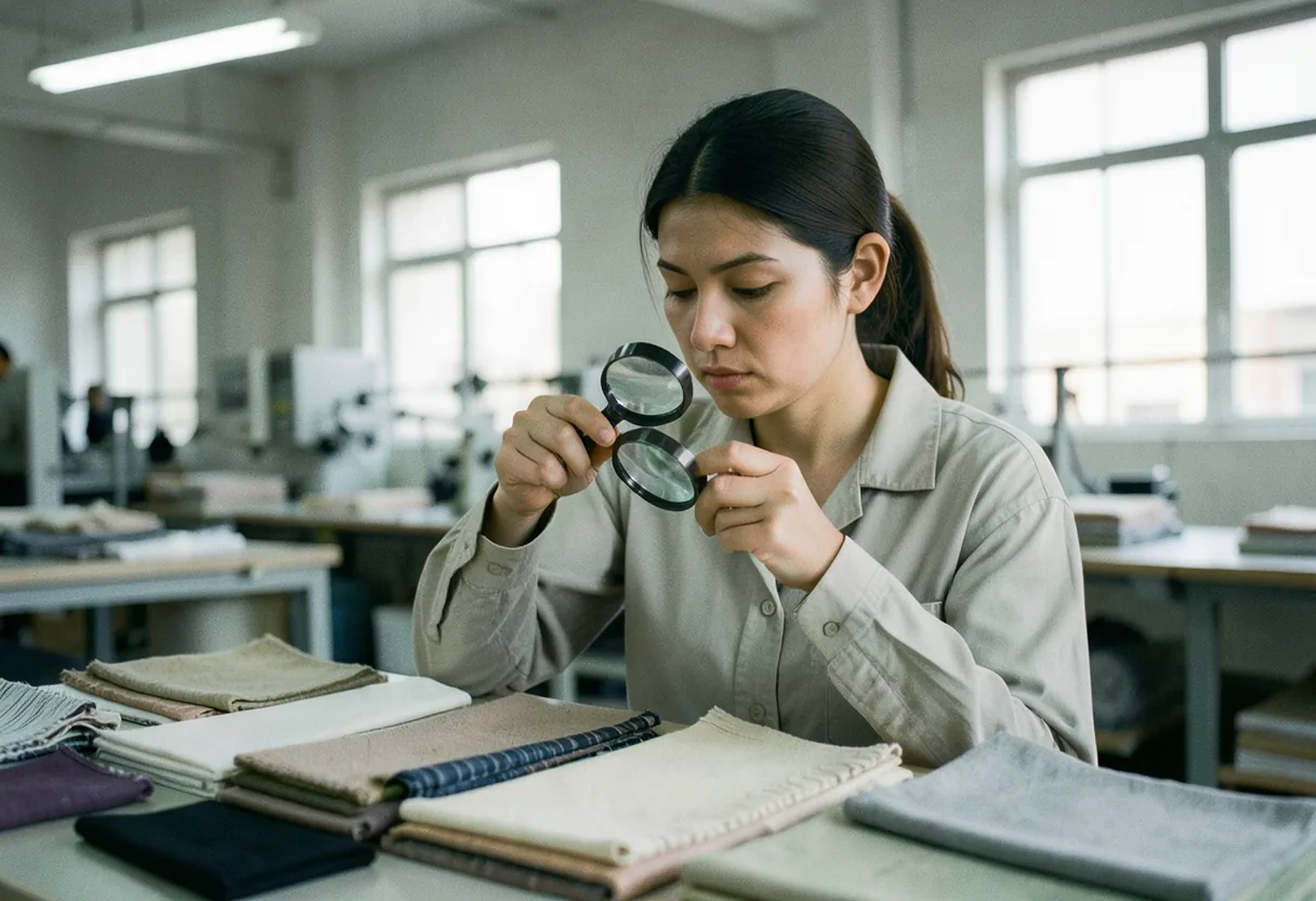 Garment worker inspecting fabric swatch in factory, fast fashion certifications importance.
