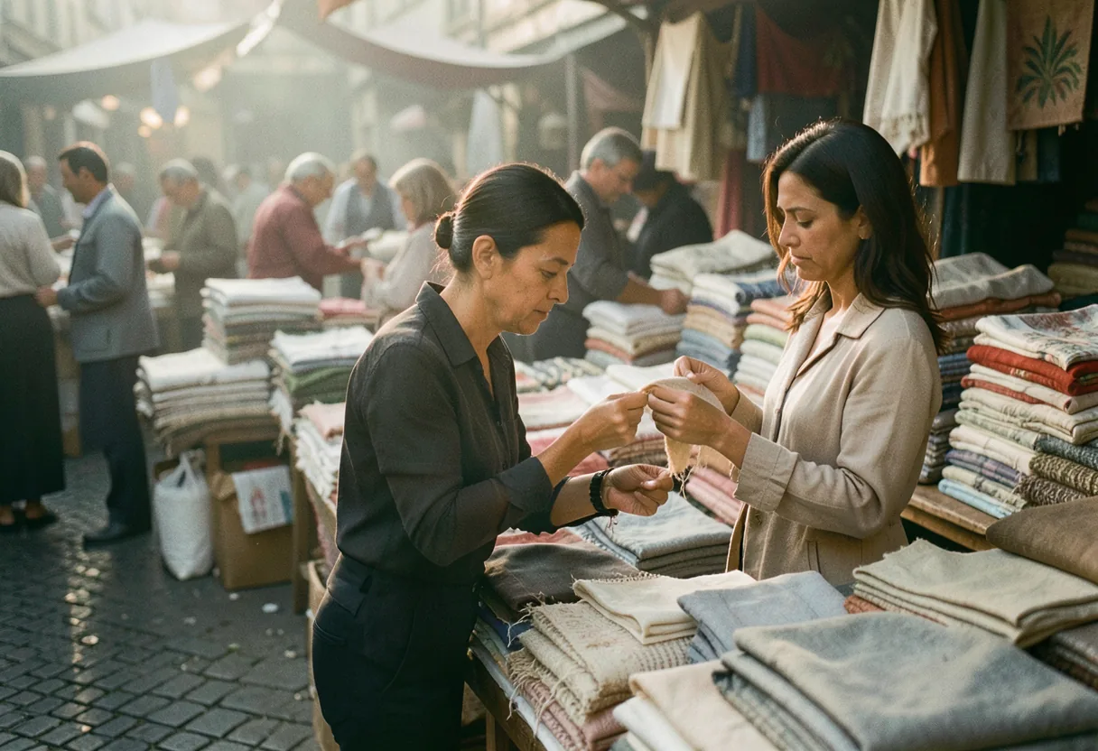 Textile market with folded fabric stacks, sustainable wholesale suppliers, muted colors, diffused light.
