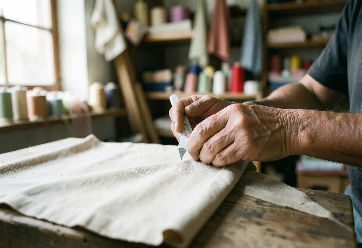 Hands measure fabric length, illustrating GSM and sustainability in textile sourcing.