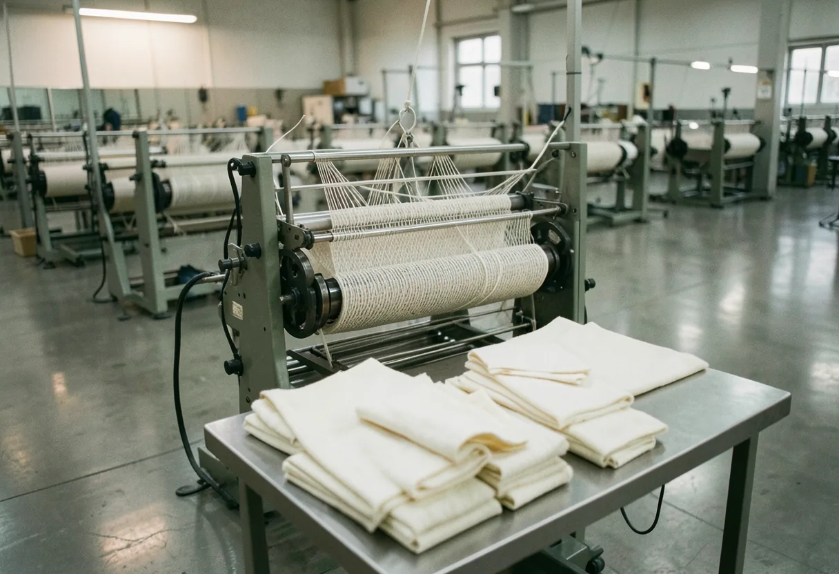 Modern knitting factory floor, optimized for zero waste, showcasing efficiency and sustainability.