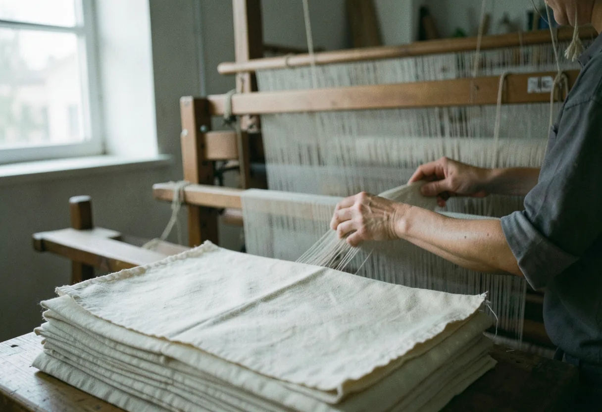 Linen weaving workshop with wooden loom, muted colors, soft lighting, sustainable fabric making.