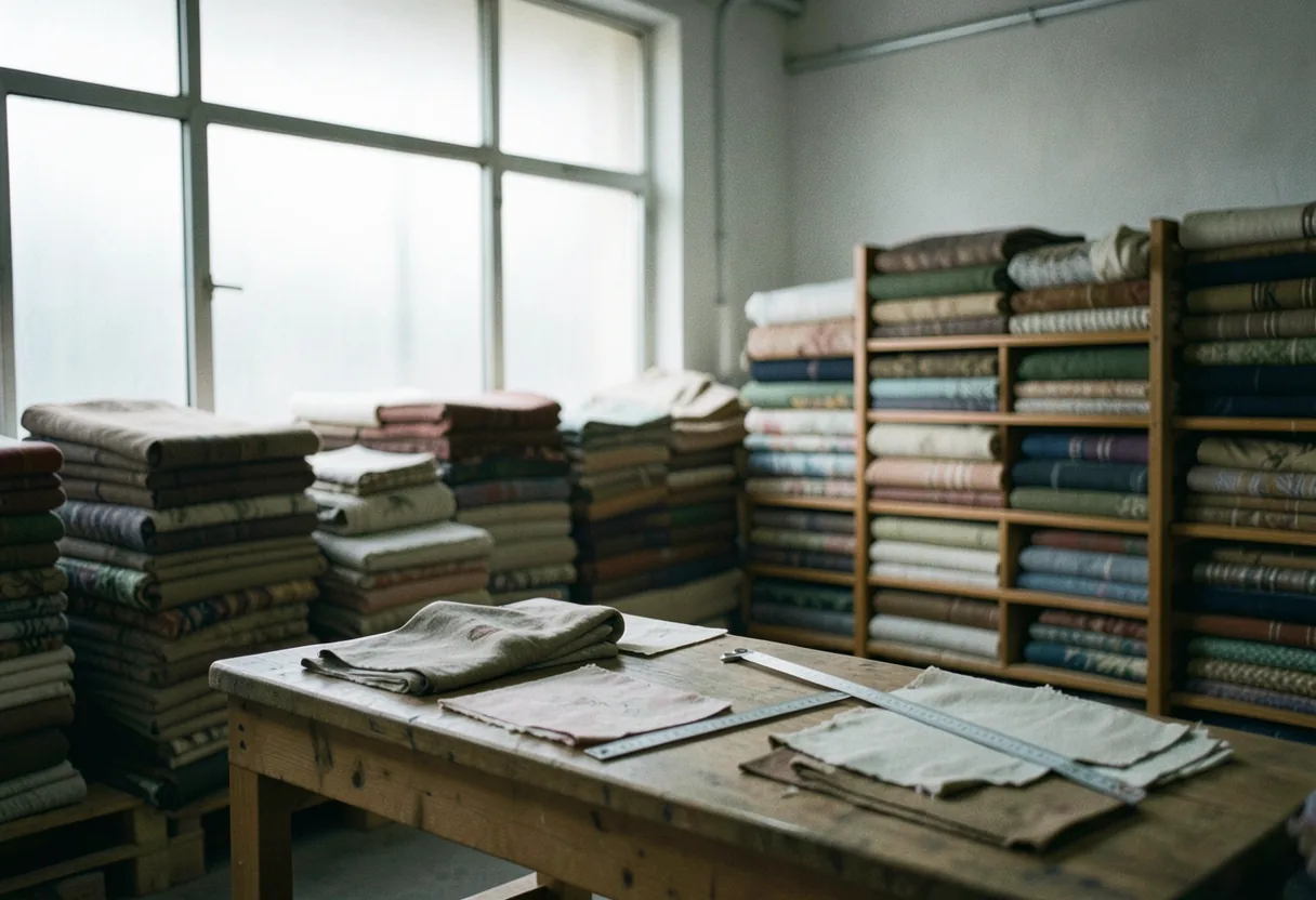 Sustainable textiles in a softly lit, organized warehouse for material wholesalers.