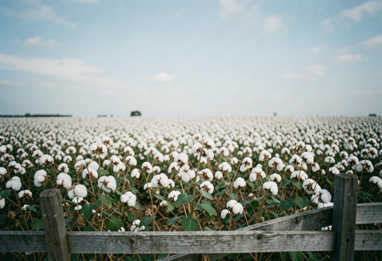 A vast organic cotton field under soft, diffused daylight, showcasing sustainable clothing production.