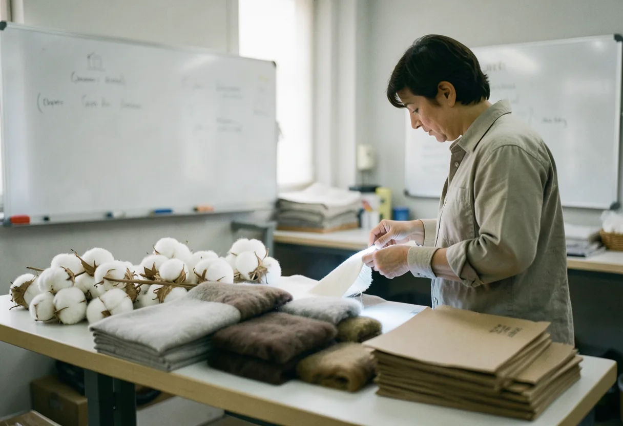 Workers in a clean, well-lit sustainable apparel sourcing facility, partnering with responsible vendors in fashion