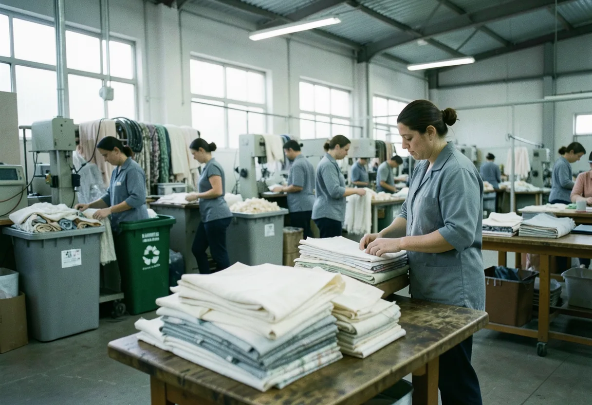 Organized textile factory with recycling bins, muted colors, soft lighting, sustainable apparel sourcing.