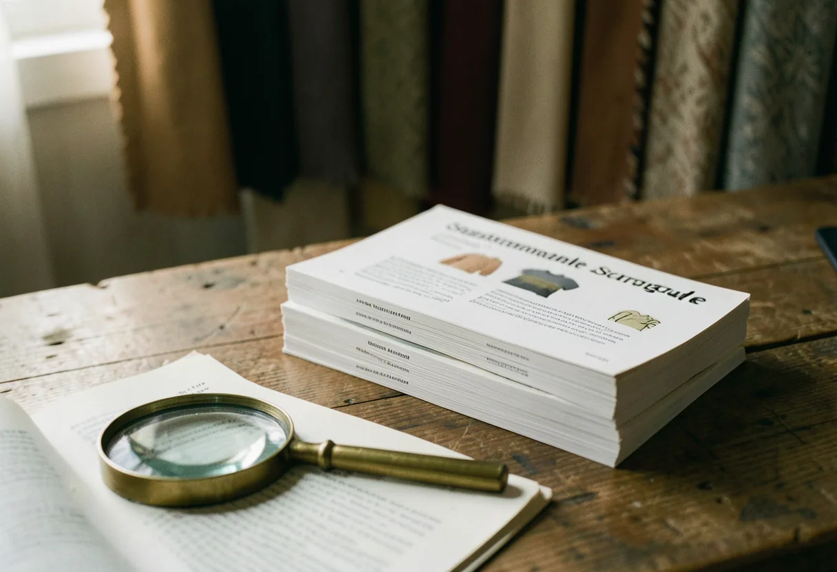 Workspace with sustainable apparel sourcing guide, notebooks, and coffee cup.