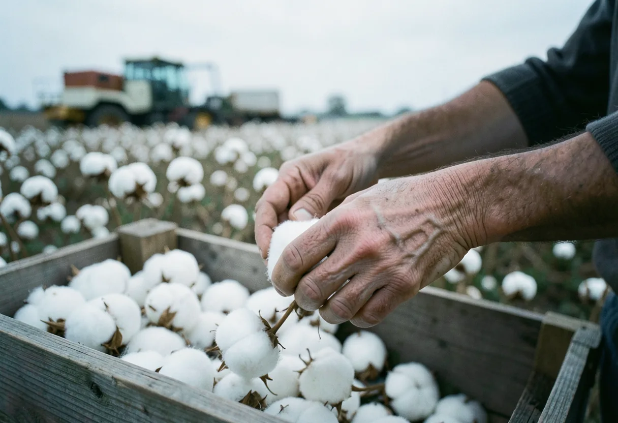 Hands picking organic cotton bolls, sustainable sourcing, muted colors, soft light.