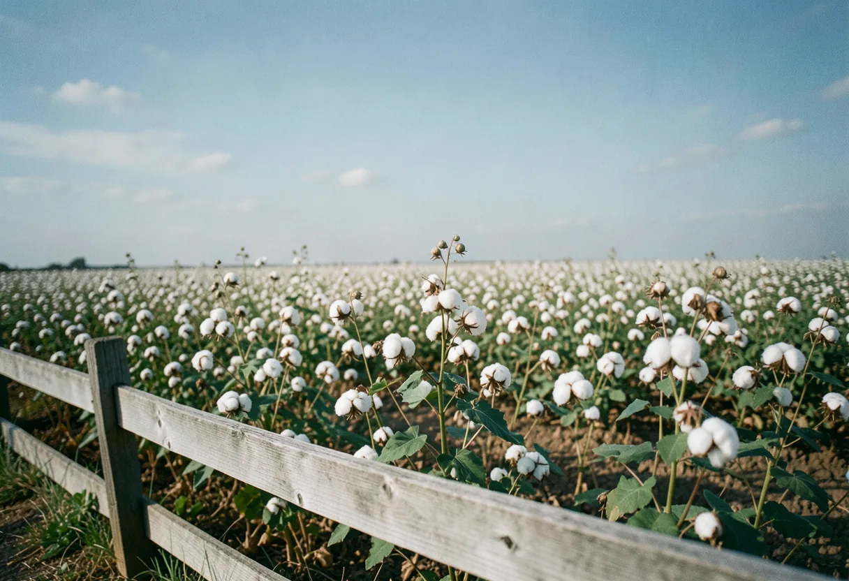 Sustainable cotton field under soft light, compliance comparison, 16:9 aspect ratio.