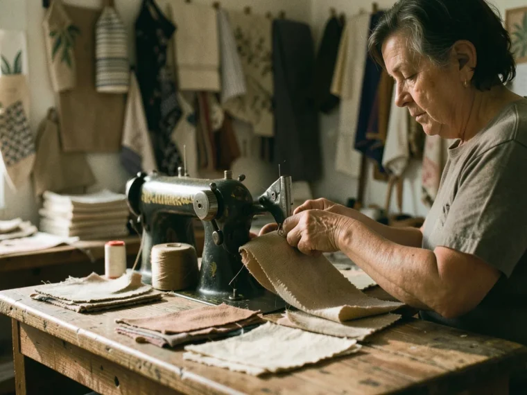 A textile workshop with muted colors, bathed in warm, diffused golden-hour light. Sustainable fabrics.