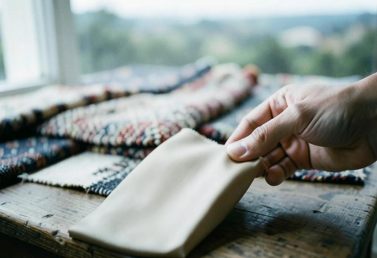 Hand holding viscose and traditional fabric swatches under soft, natural light. Sustainable textiles comparison.