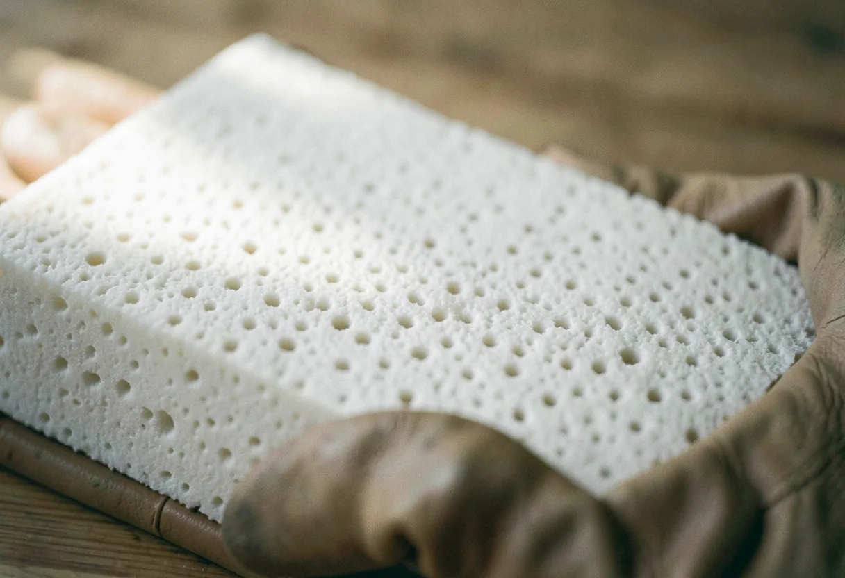 Soft, muted insulation material with visible fibers, labeled foam core for technical outerwear.