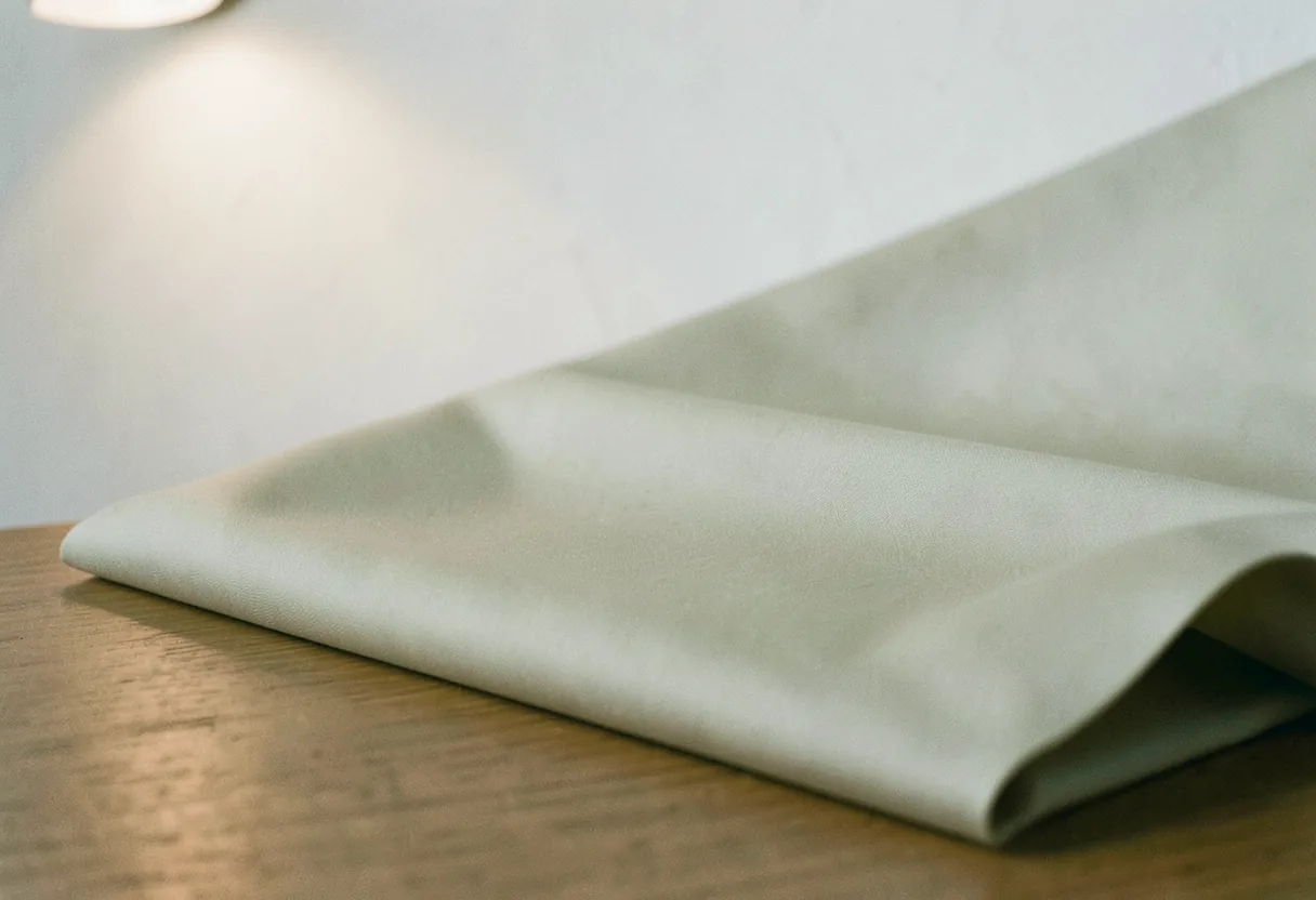 Soft, muted green Tencel fabric swatch, smooth texture, natural light. Sustainable apparel fabric.